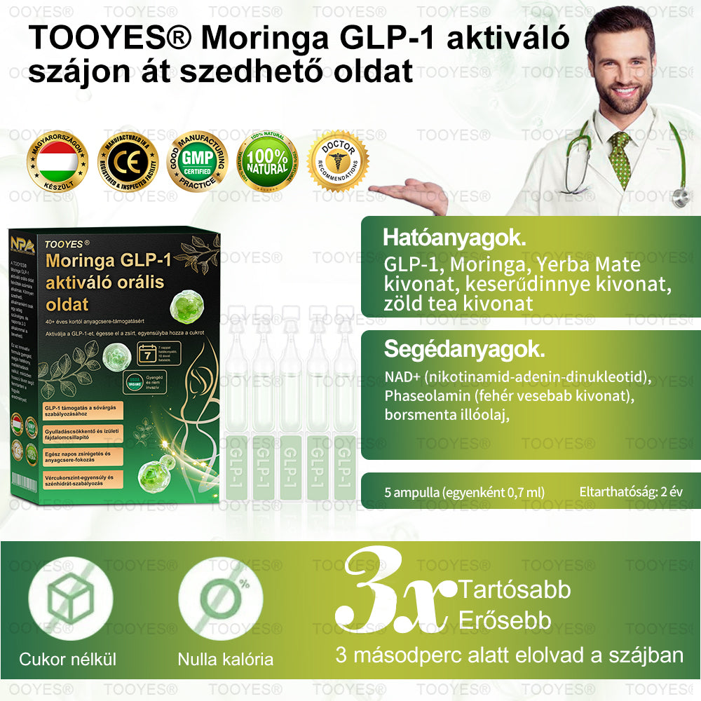 A Semmelweis Egyetem Orvostudományi Karának ajánlása | TOOYES® Meglutide GLP-1 aktiváló belsőleges oldat-Moringa - NAD+ -Yerba Mate-természetes támogatás a karcsúsításhoz, öregedésgátláshoz és a cukoranyagcseréhez