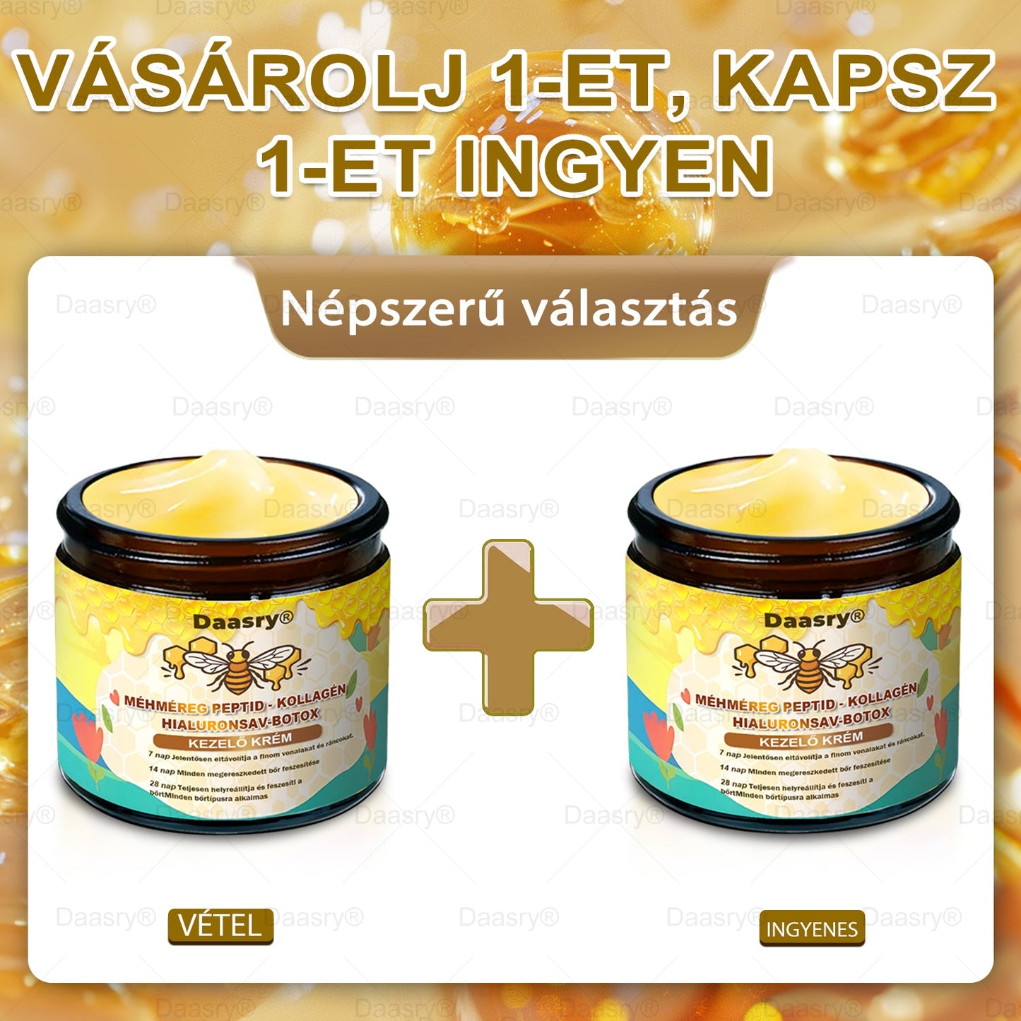 Daasry® Méhméreg Kezelő Krém, méhméreg peptidekkel, botulinum toxinnal, hialuronsavval és kollagénnel💧. Hatékonyan küzd a ráncok, finom vonalak, megereszkedés, terhességi csíkok és sötét foltok ellen — feszesítés, emelés és kiemelkedő eredmények!