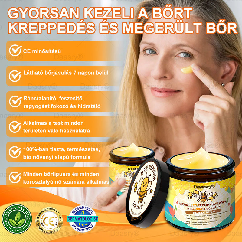 Daasry® Méhméreg Kezelő Krém, méhméreg peptidekkel, botulinum toxinnal, hialuronsavval és kollagénnel💧. Hatékonyan küzd a ráncok, finom vonalak, megereszkedés, terhességi csíkok és sötét foltok ellen — feszesítés, emelés és kiemelkedő eredmények!